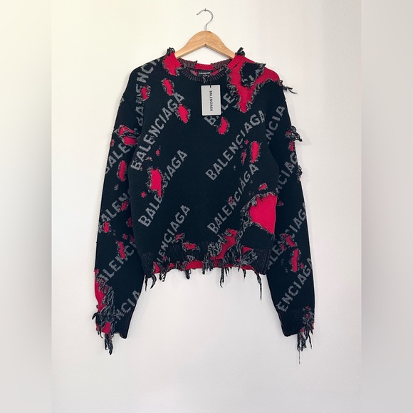 BRAND NEW BALENCIAGA DISTRESSED INTARSIA KNIT SWEATER WITH LOGO - Picture 1 of 2
